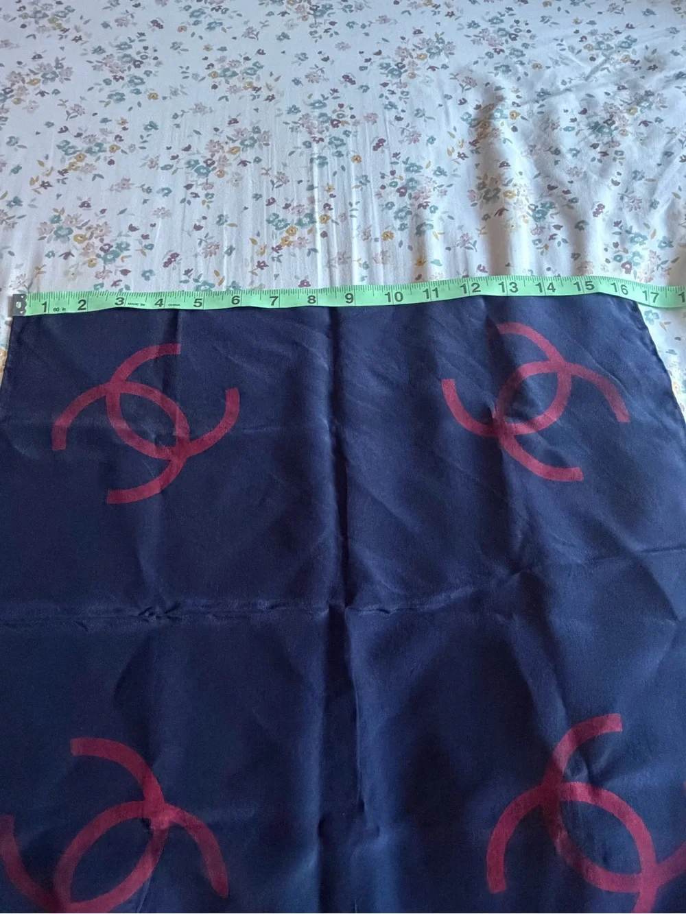 CHANEL Navy Silk Square Scarf with Burgundy Interlocking CCs